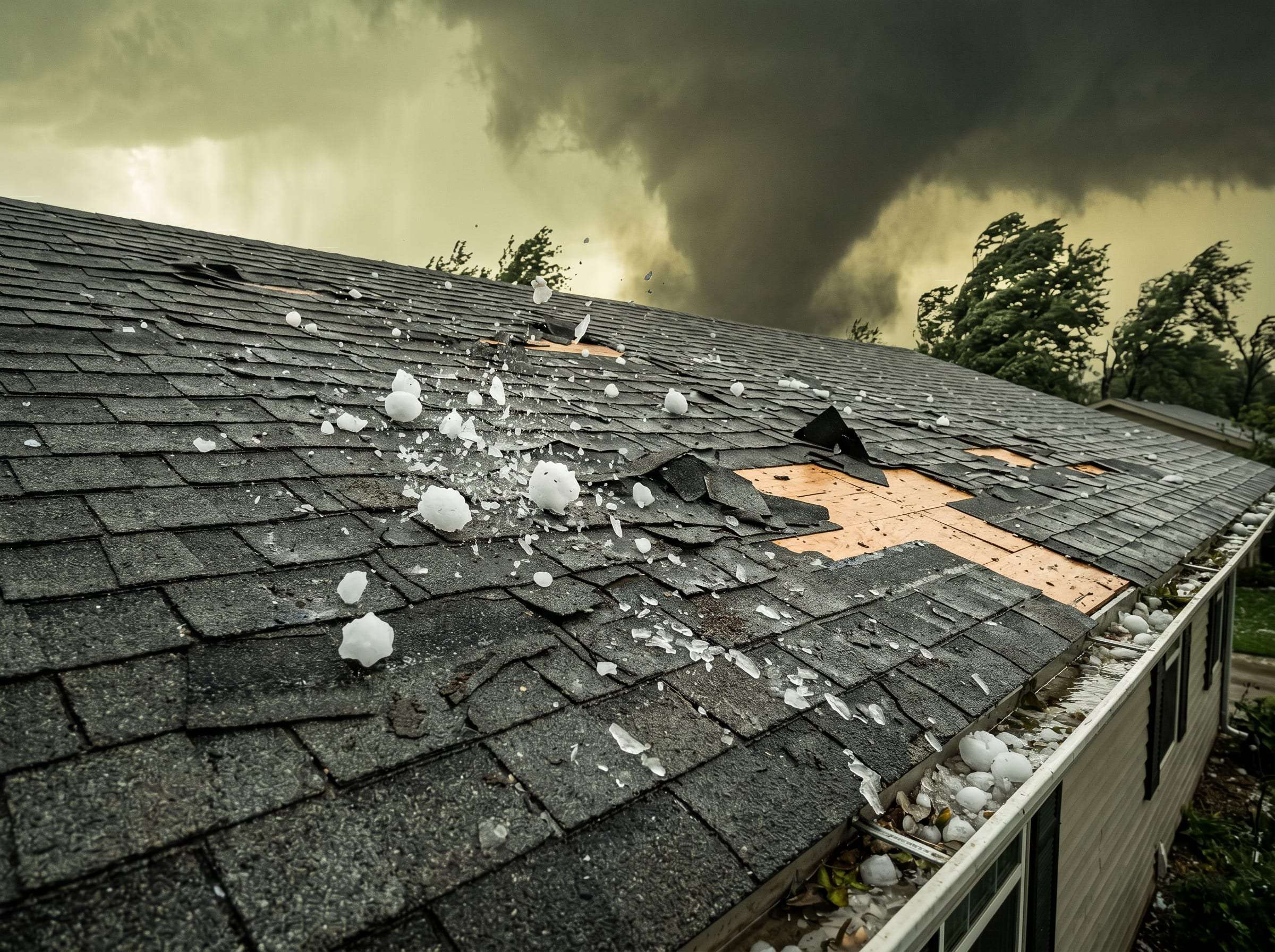 Hail damage on asphalt shingles with storm clouds in the background
