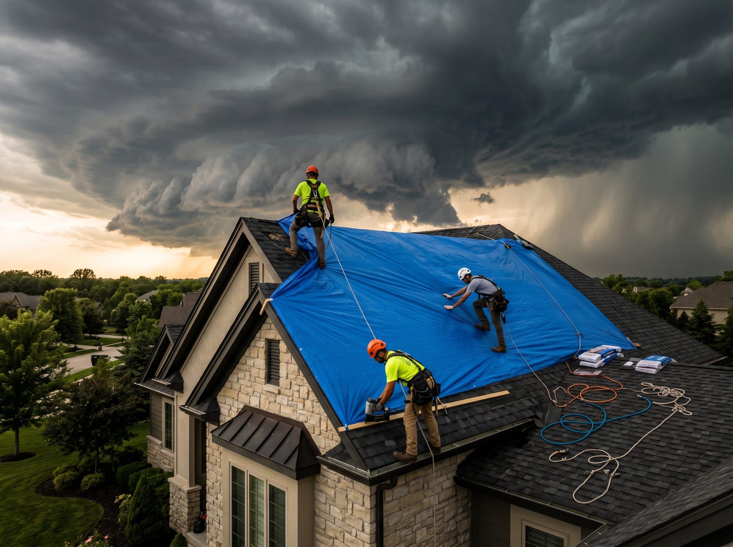Roofing crew tarping a storm-damaged roof